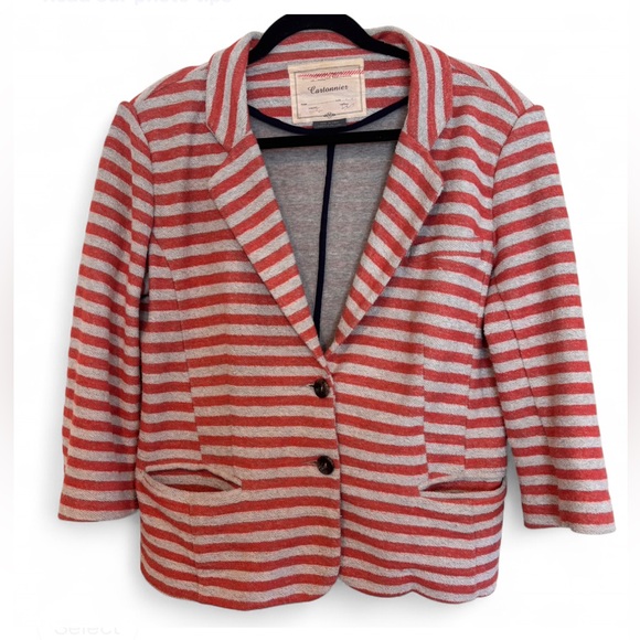 Anthropologie Cartonnier Red and light Gray Striped Blazer Jacket Women’s Medium - Picture 1 of 10